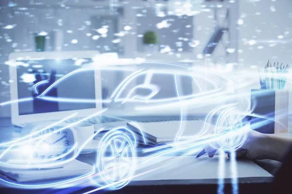 Teknik otomatik pilot temalı hologram, kadınların elleri üzerinde not alıyor. Yüksek teknoloji kavramı. Çift pozlama