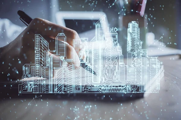 IOT dibujando sobre las manos de escritura en el fondo del bloc de notas. Concepto de hogar inteligente. Exposición múltiple —  Fotos de Stock