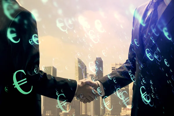 Podwójna ekspozycja na hologram forex i uścisk dłoni dwóch mężczyzn. Koncepcja rynku akcji. — Zdjęcie stockowe