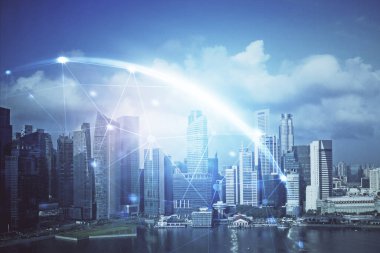 Sosyal ağ tema çizimi ve şehir manzarası arka planına çift pozlama. Bağlantı insanları kavramı.