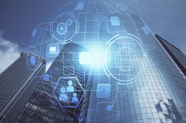 Sosyal ağ tema çizimi ve şehir manzarası arka planına çift pozlama. Bağlantı insanları kavramı.