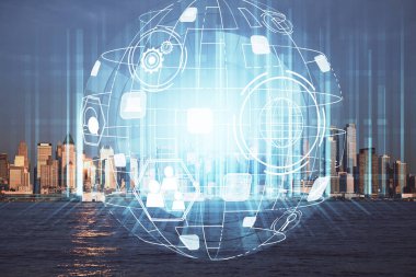 Sosyal ağ tema çizimi ve şehir manzarası arka planına çift pozlama. Bağlantı insanları kavramı.