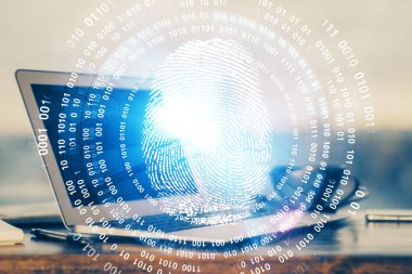 Ofisteki bilgisayarın parmak izi çizimi. Çifte maruziyet. İş veri güvenliği kavramı.