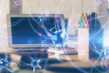 Masaüstü bilgisayar arkaplanı ve nöron çizimi. Çifte maruziyet. Eğitim kavramı.