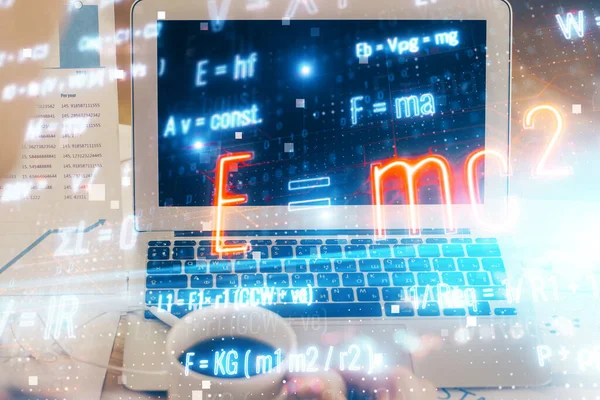 Desktop computer background and formula hologram writing. Double exposure. Education concept. — Stock Photo, Image