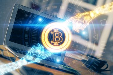 Blockchain temalı holograma ve bilgisayar arkaplanlı masaya çoklu maruz kalma. Bitcoin şifreleme para birimi kavramı.