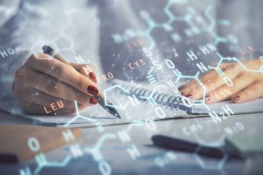 Fen formülü hologramı, kadınların ellerinin altyapısını belirler. Öğrenim anlayışı. Çoklu pozlama