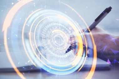 Teknik temalı hologram kadınların ellerinden üstündür. Yüksek teknoloji kavramı. Çift pozlama