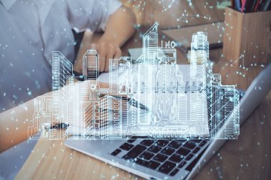 Not defterine el yazısının üzerini çiziyor. Akıllı ev kavramı. Çoklu pozlama