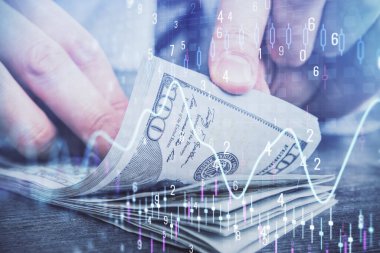 Forx grafiği, hologram, Amerikan dolarları ve insan eli çizimleri. Teknik Analiz kavramı.
