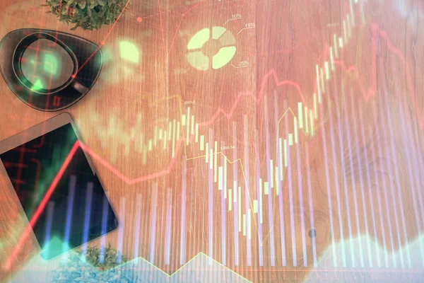 Multi exposure of financial chart hologram over desktop with phone. Top view. Mobile trade platform concept. — Stock Photo, Image