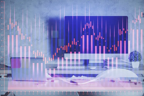 Multi exposure of financial graph drawing and office interior background. Concept of market analysis.