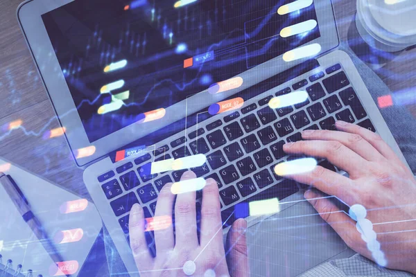 Multi exposure of mans hands typing over computer keyboard and data theme hologram drawing. Top view. Technology concept. — Stock Photo, Image