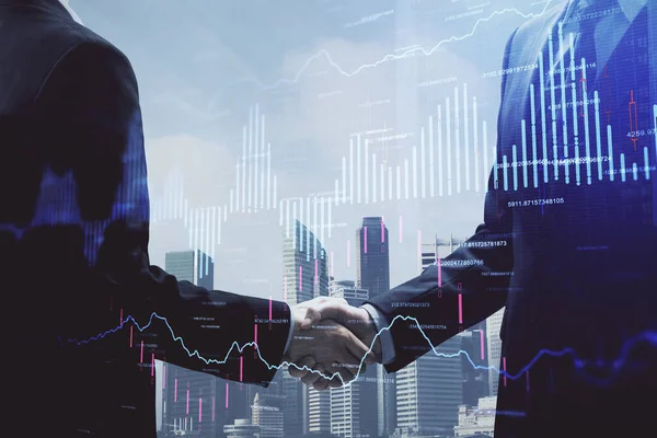 双曝光的外汇图全息图和握手两名男子。股票市场概念. — 图库照片