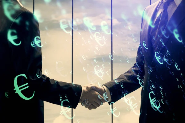 Double exposure of forex graph hologram and handshake of two men. Stock market concept. — Stock Photo, Image