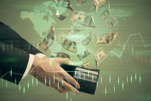 Multi blootstelling van de financiële grafiek tekenen hologram en Amerikaanse dollars rekeningen en man handen. Analyse concept. — Stockfoto