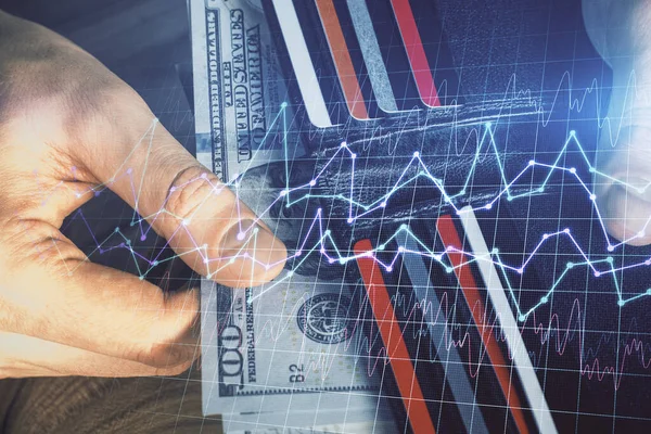 Multi blootstelling van forex grafiek tekenen hologram en Amerikaanse dollars biljetten en man handen. Technisch analyseconcept. — Stockfoto