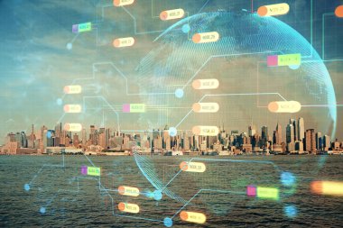 Veri temalı hologram gökdelenlerin arka planında çift pozlama ile şehir görünümüne çizim yapıyor. Teknoloji konsepti.