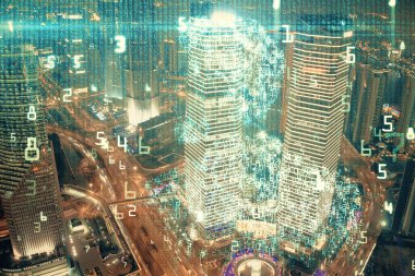 Veri temalı hologram gökdelenler arka planda çoklu pozlama ile şehir görünümüne çizim yapıyor. Ai kavramı.