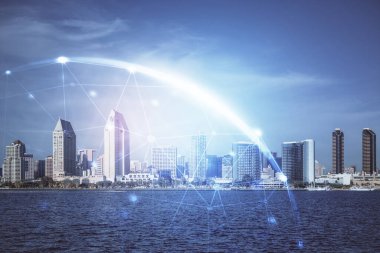 Sosyal ağ tema çizimi ve şehir manzarası arka planına çift pozlama. Bağlantı insanları kavramı.