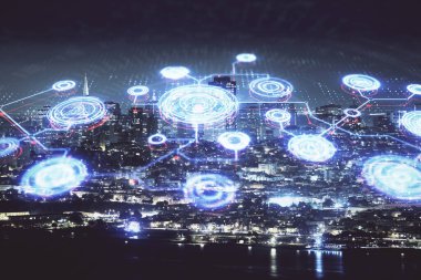 Sosyal ağ tema çizimi ve şehir manzarası arka planının çoklu pozlandırılması. Bağlantı insanları kavramı.