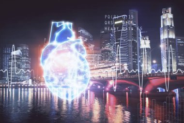 Kalp simgesi ve şehir manzarası arka planının çifte pozlandırılması.