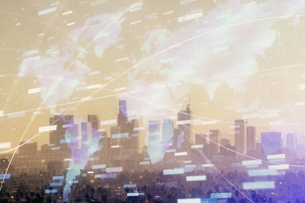 Тема голограми на зображенні міста з зображенням хмарочосів фоном мульти-експозиції. Велика концепція даних. — стокове фото