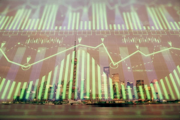 Data thema hologram tekening op uitzicht op de stad met wolkenkrabbers achtergrond dubbele blootstelling. Ai-concept. — Stockfoto
