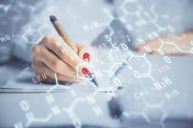 Fen formülü hologramı, kadınların ellerinin altyapısını belirler. Öğrenim anlayışı. Çoklu pozlama