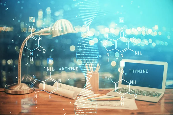 데스크톱 컴퓨터 배경과 DNA 그 리기입니다. 두 번 노출. 과학 개념. — 스톡 사진