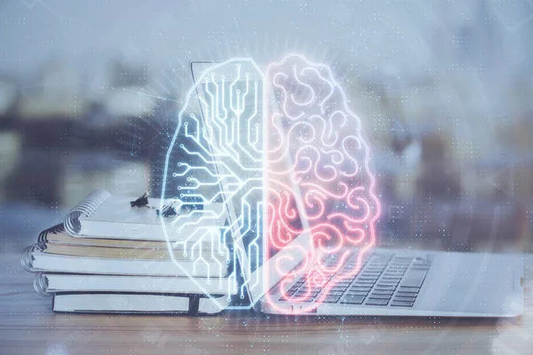 Bilgisayar ve beyin hologramı ile çalışma masasının çoklu açığı. Beyin fırtınası konsepti. — Stok fotoğraf