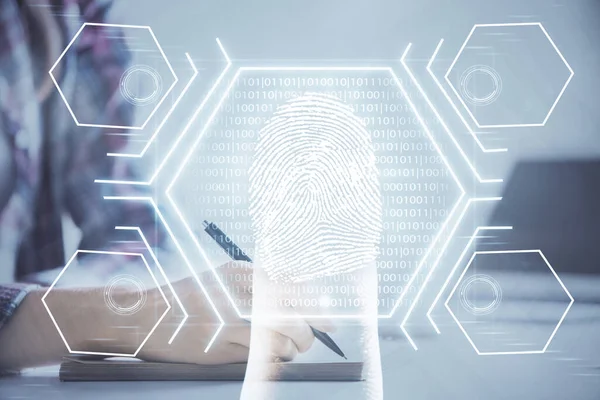 Blue fingerprint hologram over womans hands taking notes background. Concept of protection. Double exposure — Stock Photo, Image