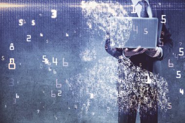 Teknoloji temalı hologramda arka planda çalışan bir adam var. Yüksek teknoloji konsepti. Çoklu pozlama.