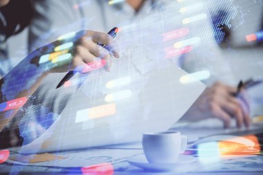 Veri temalı çizimin arka plan yazan insanların üzerine çifte pozlanması. Teknoloji kavramı