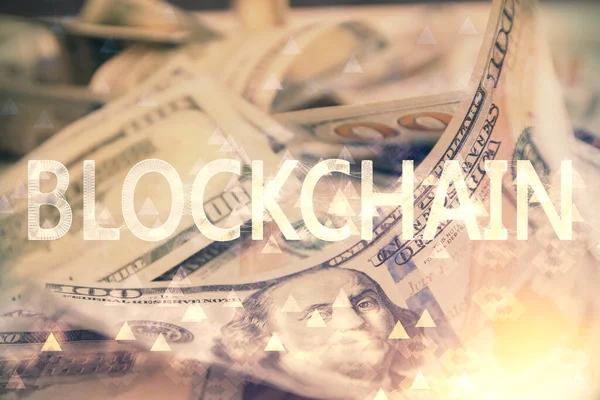 Multi expozice krypto téma čerpat z nás dolary pozadí účtu. Koncept úspěchu blockchainu. — Stock fotografie
