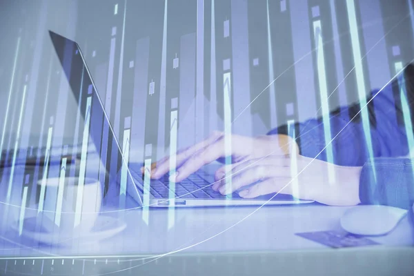 Double exposure of businesswoman hands typing on computer and forex graph hologram drawing. Financial analysis concept. — Stock Photo, Image