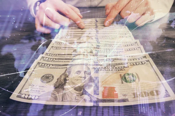 Multi exponering av forex diagram rita hologram och USA dollar räkningar och manshänder. Koncept för teknisk analys. — Stockfoto