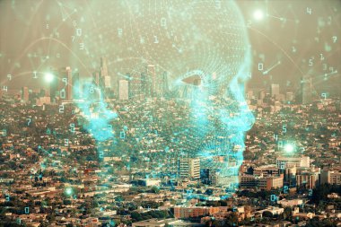 Şehrin arka planında çoklu maruz kalma üzerine beyin hologramı çizimi. Modern şehir konseptinde.