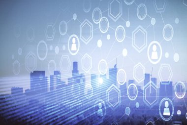 Sosyal ağ tema çizimi ve şehir manzarası arka planına çift pozlama. Bağlantı insanları kavramı.