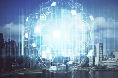 Sosyal ağ tema çizimi ve şehir manzarası arka planına çift pozlama. Bağlantı insanları kavramı.