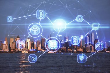 Sosyal ağ tema çizimi ve şehir manzarası arka planına çift pozlama. Bağlantı insanları kavramı.