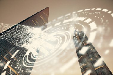 Veri temalı hologram gökdelenlerin arka planında çift pozlama ile şehir görünümüne çizim yapıyor. Ai kavramı.