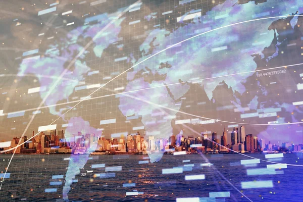 Datenthema Hologramm Zeichnung Auf Stadtansicht Mit Wolkenkratzern Hintergrund Mehrfachbelichtung Bigdata — Stockfoto
