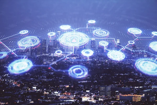 Sosyal ağ tema çizimi ve şehir manzarası arka planının çoklu pozlandırılması. Bağlantı insanları kavramı.