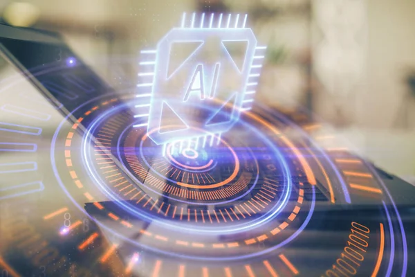 Arka planda bilgisayar ve veri temalı hologram tablosu çift pozlama. Veri teknolojisi kavramı.