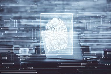 Ofisteki bilgisayarın parmak izi çizimi. Çifte maruziyet. İş veri güvenliği kavramı.