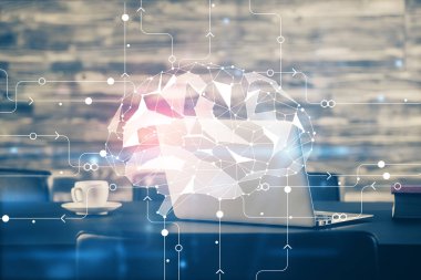 Masaüstü bilgisayarı ve insan beyni hologram çiziyor. Ai kavramı.