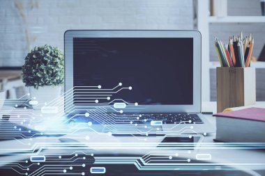 Kişisel bilgisayar ve teknik tema çizimi ile masaüstü çok açıkta. Büyük Veri Kavramı.