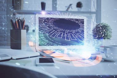 Masaüstü bilgisayar ve teknoloji temalı holograma çoklu maruz kalma. Yazılım geliştirme kavramı.