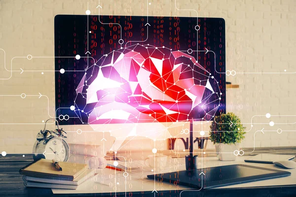 Dupla Exposição Computador Desktop Holograma Desenho Cérebro Humano Conceito — Fotografia de Stock